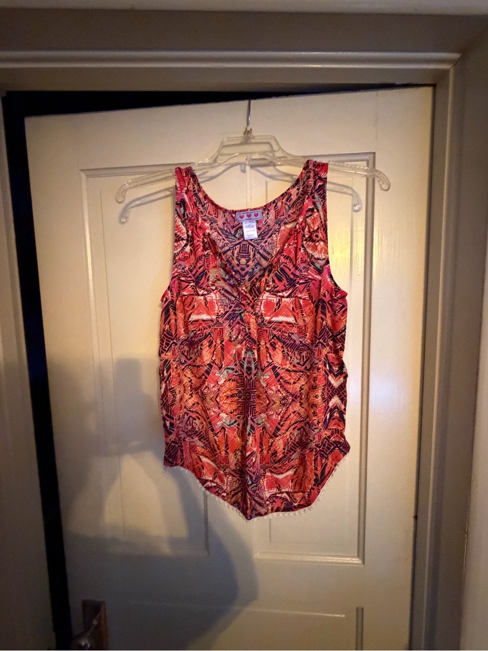 Three Pink Hearts Tank Top Size XS Coral Printed Sleeveless Pom Pom